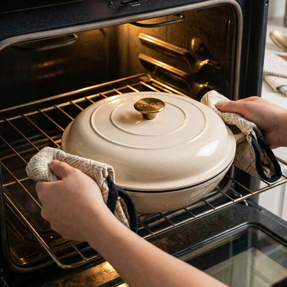 Atusa Žemas emaliuotas ketaus PUODAS Indukcinis HAGE Orkaitė 30 cm 3L Kremas