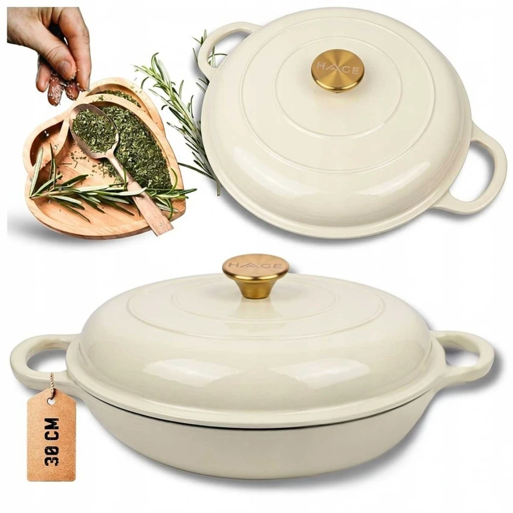 Atusa Žemas emaliuotas ketaus PUODAS Indukcinis HAGE Orkaitė 30 cm 3L Kremas