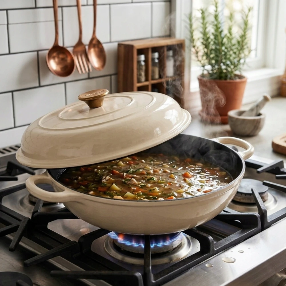 Atusa Žemas emaliuotas ketaus PUODAS Indukcinis HAGE Orkaitė 30 cm 3L Kremas