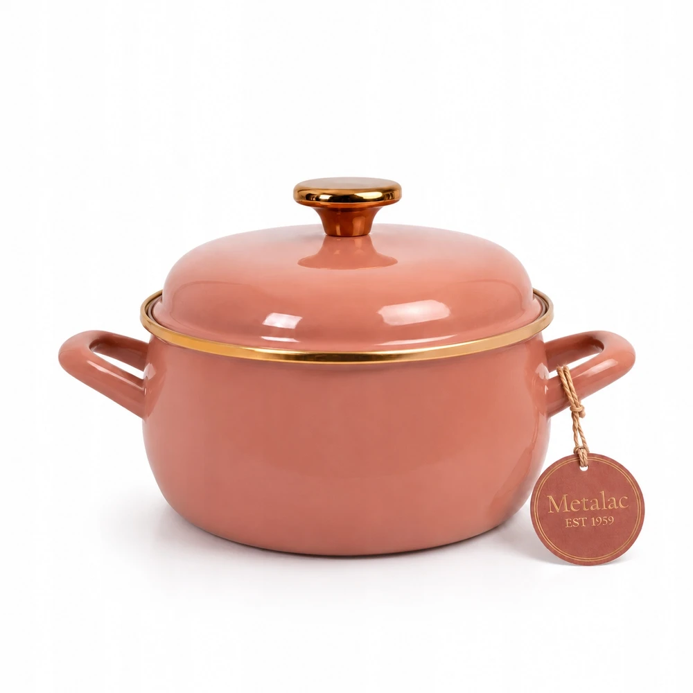 Žemas emaliuotas puodas su dangteliu 18cm 2,4L I Metalac Mocha Mousse