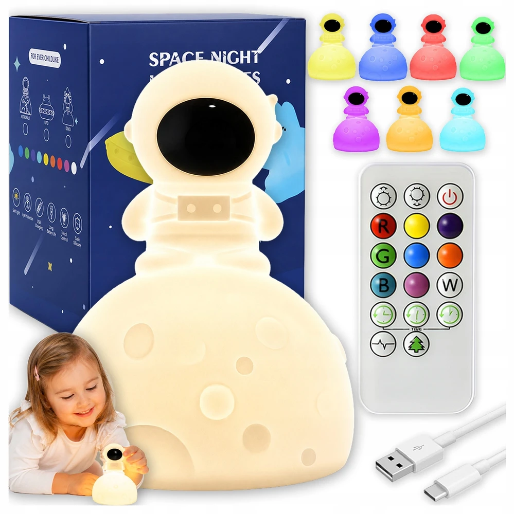 Zenwire Naktinė lempa DLA DZIECI ASTRONAUTA LED RGB Pultas DOTYKOWA DO SYPIALNI USB