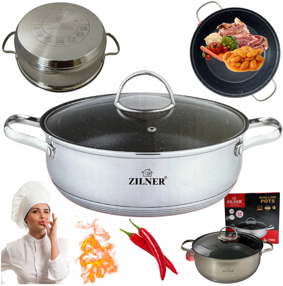 Zilner DIDELIS KIETAS PUODAS PLATUS PADAŽAS SU MARMURO DANGA 26cm 5,0L