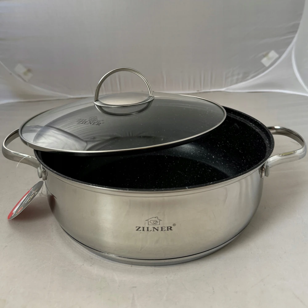 Zilner DIDELIS KIETAS PUODAS PLATUS PADAŽAS SU MARMURO DANGA 26cm 5,0L