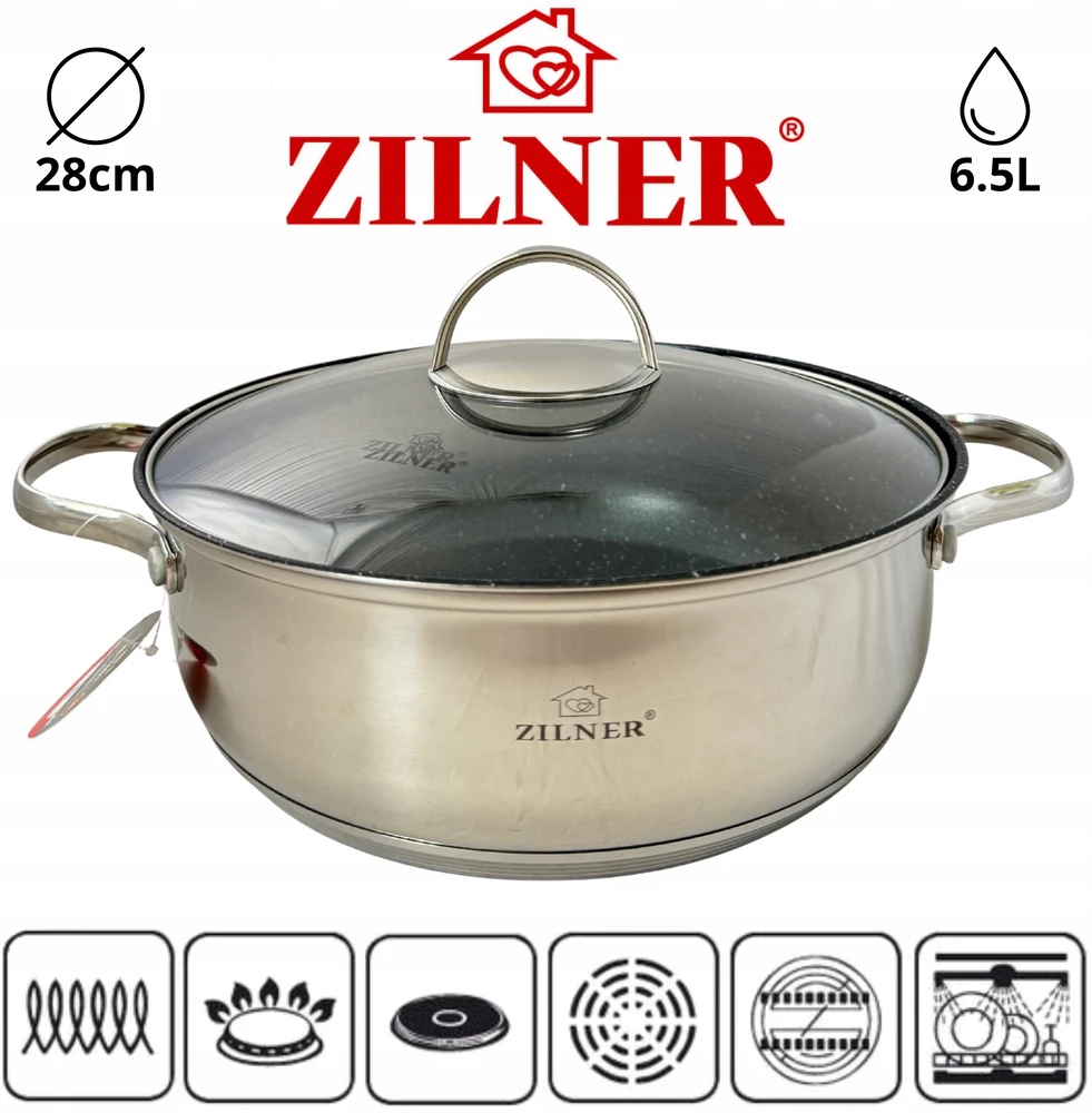 Zilner DIDELIS KIETUS PUODAS ŽEMAI PLATUS PADAŽAS SU MARMURO DANGA 28cm 6,5L PLIENAS