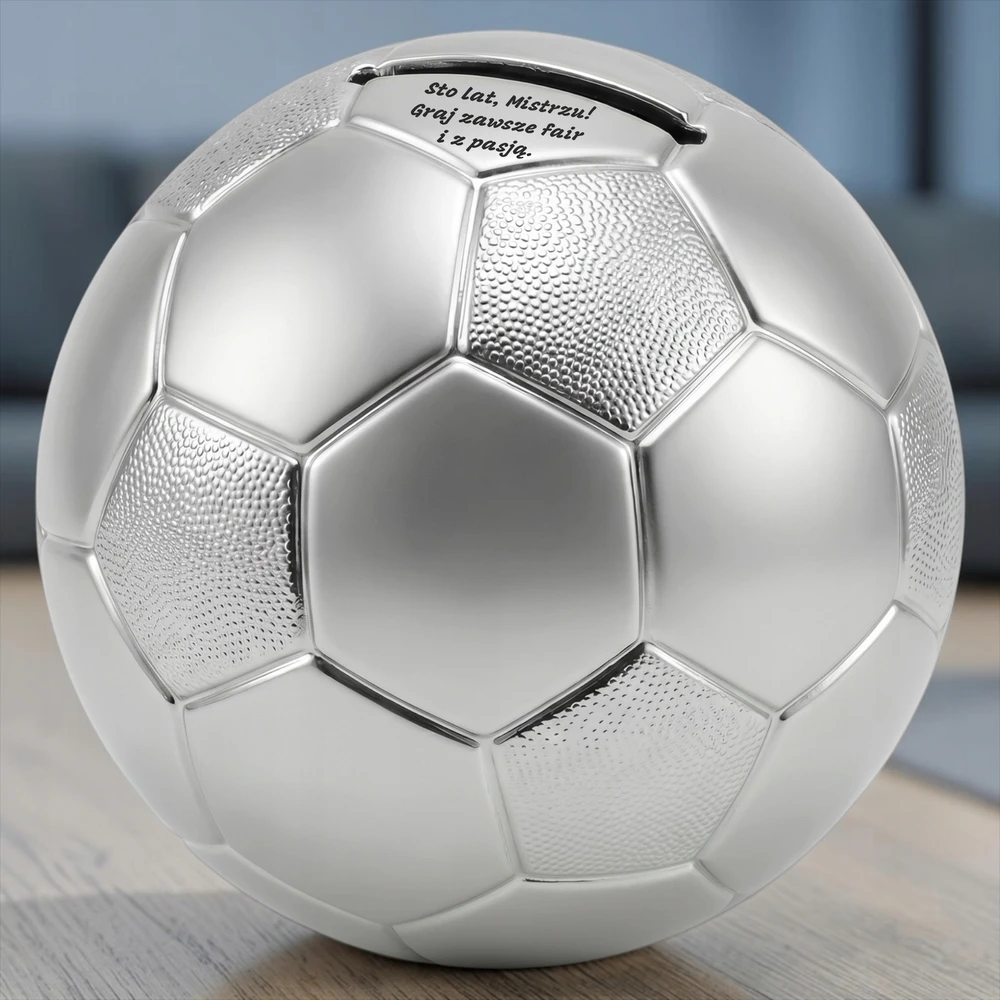 Zilverstad Skarbonka Futbolo kamuolys Srebrna su Grawerem – Prezent