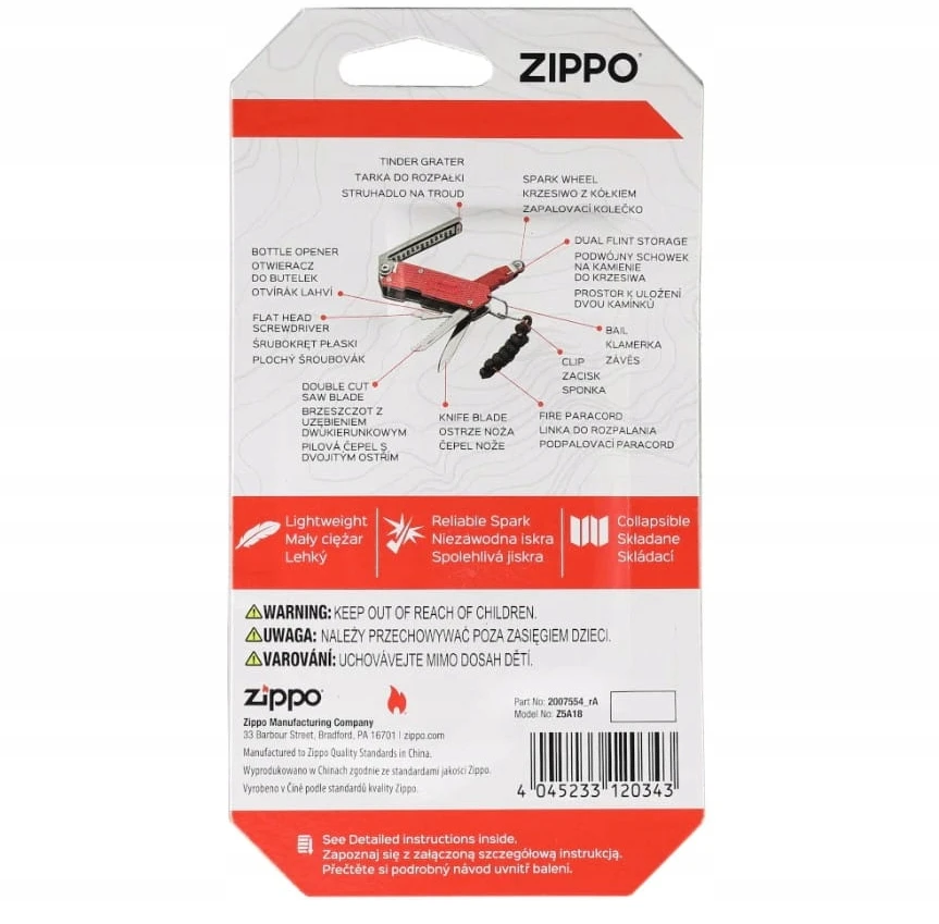 Zippo Fire Starting Multi-Tool - kišeninis peilis su ugnies užvedimu, raudonas