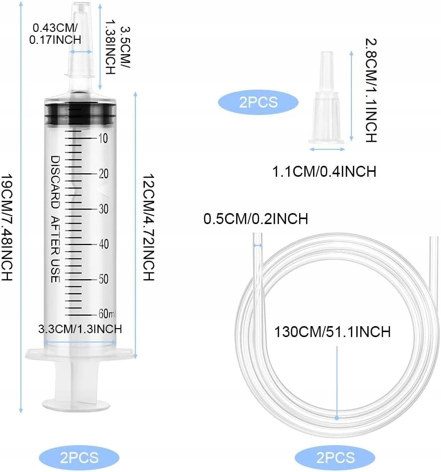 ZIYAO 60ml ŠVIRKŠTAS 2 VIENETAI DAUGkartinio naudojimo DIDELIS PLASTIKAS SU KATETERIU