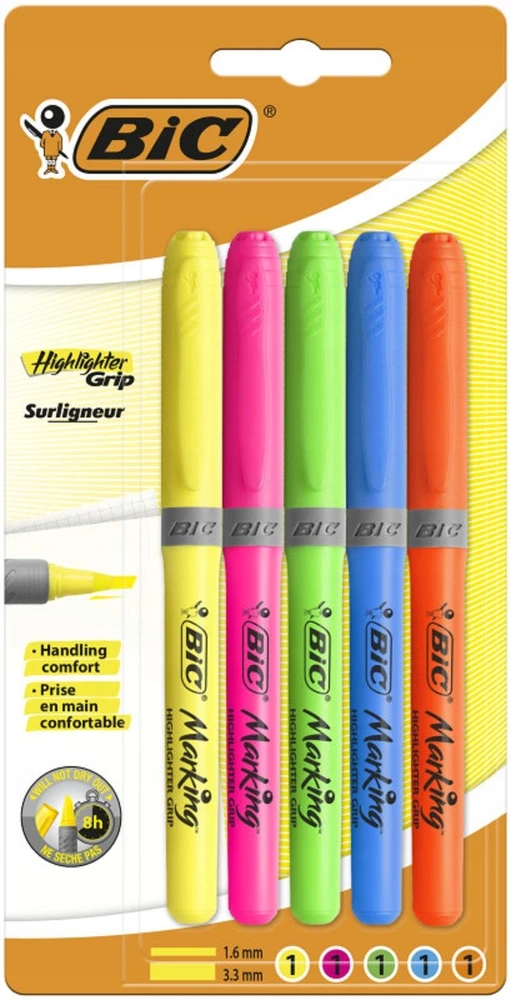 Žymekliai Bic Grip 5 spalvų