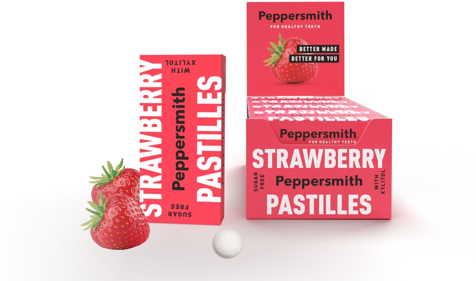 Peppersmith braškių skonio saldainiai su ksilitoliu, 25 vnt.