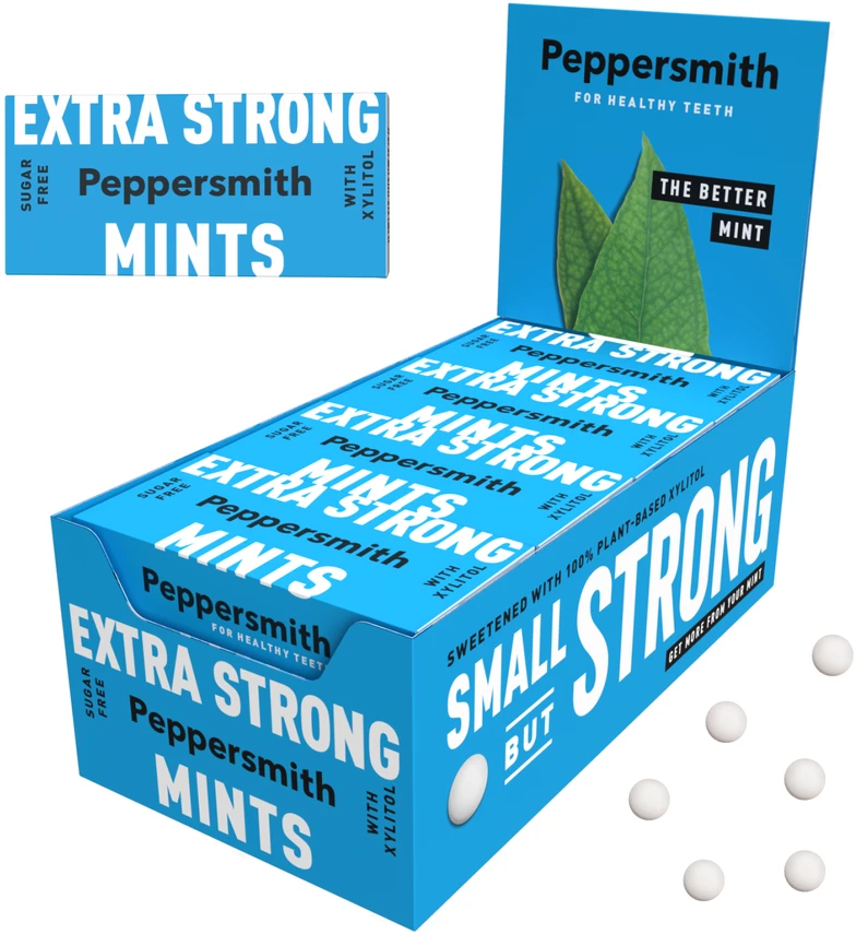 Peppersmith Extra Strong saldainiai su ksilitoliu ir eukalipto skoniu, 25 vnt.
