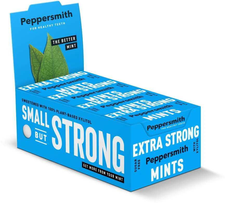 Peppersmith Extra Strong saldainiai su ksilitoliu ir eukalipto skoniu, 25 vnt.