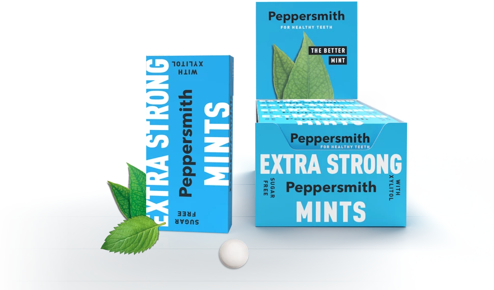 Peppersmith Extra Strong saldainiai su ksilitoliu ir eukalipto skoniu, 25 vnt.