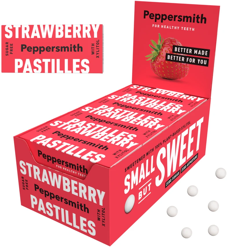Peppersmith braškių skonio saldainiai su ksilitoliu, 25 vnt.