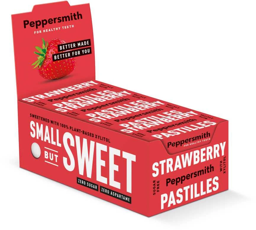 Peppersmith braškių skonio saldainiai su ksilitoliu, 25 vnt.