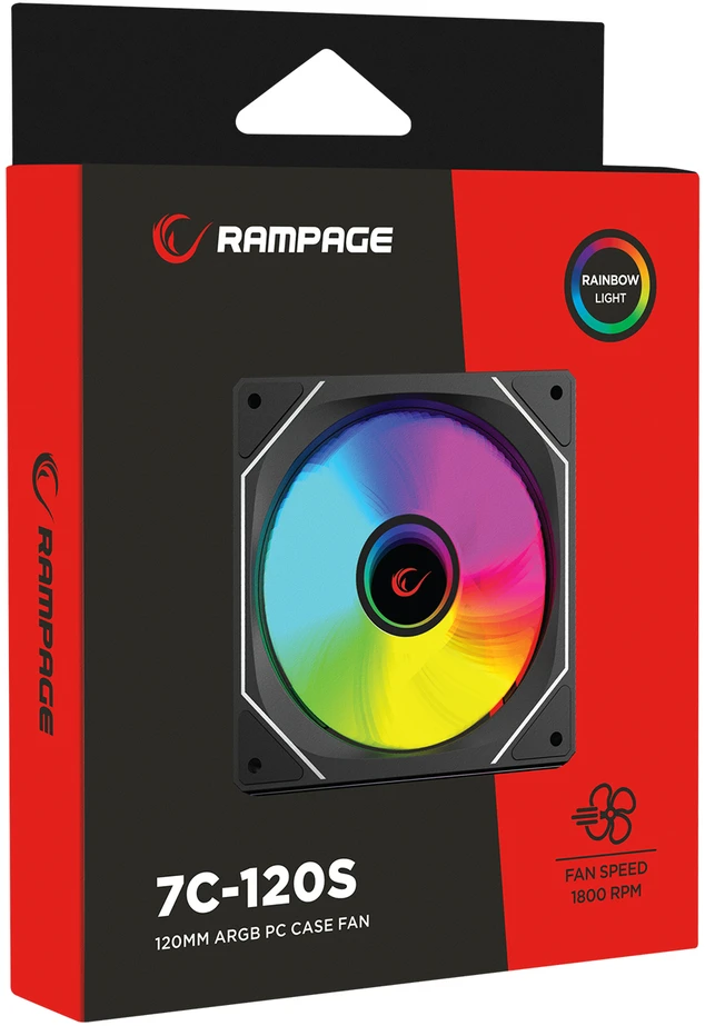 Rampage korpuso ventiliatorius 120 mm, 1800 aps./min., begalinės kilpos, ARGB, juodas, PWM