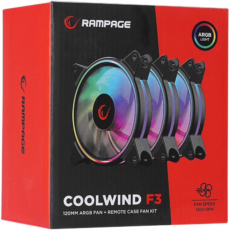 ARGB ventiliatoriaus komplektas Rampage COOLWIND F3. 3x12 cm. 1200 RPM su ventiliatorių valdikliu