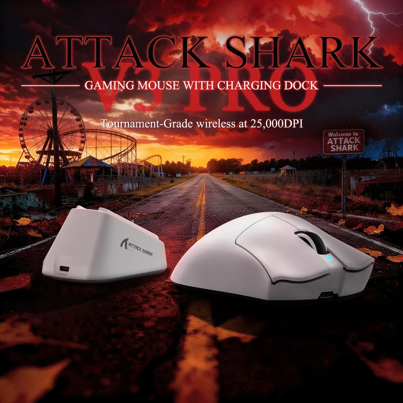 ATTACK SHARK V3 PRO Baltas itin lengva belaidė žaidimų pelė, 3 režimų, su įkrovimo stotele