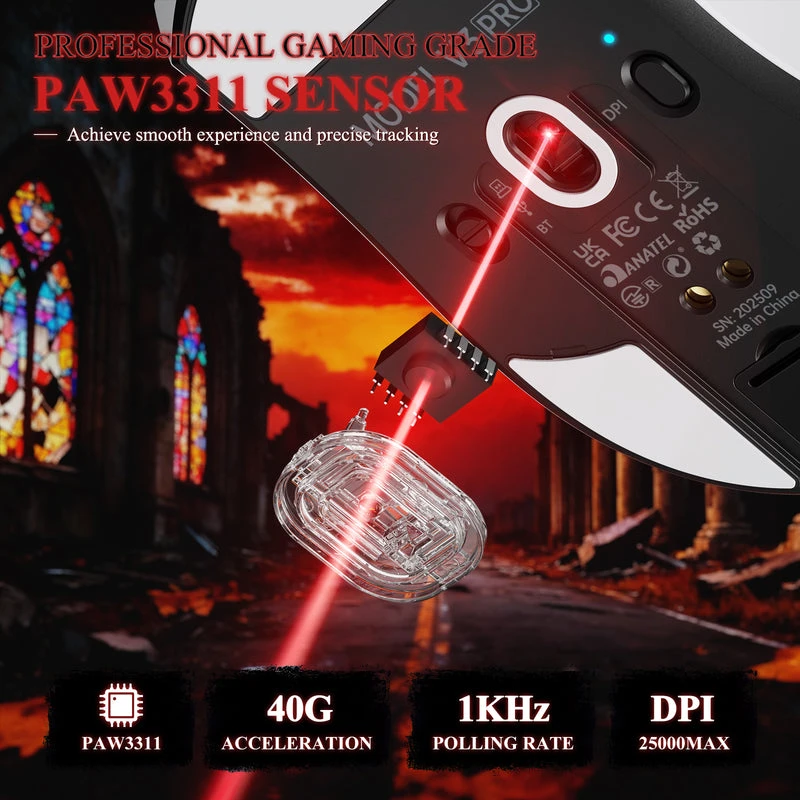 ATTACK SHARK V3 PRO Baltas itin lengva belaidė žaidimų pelė, 3 režimų, su įkrovimo stotele