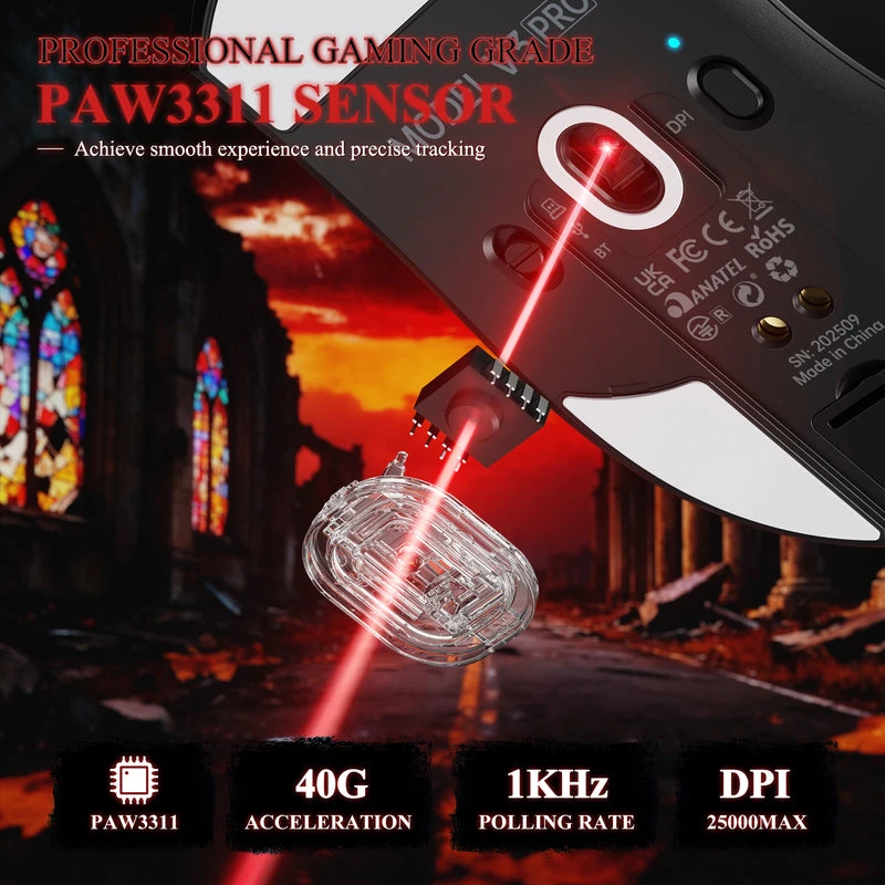 ATTACK SHARK V3 PRO Juodas itin lengva belaidė žaidimų pelė, 3 režimų, su įkrovimo stotele