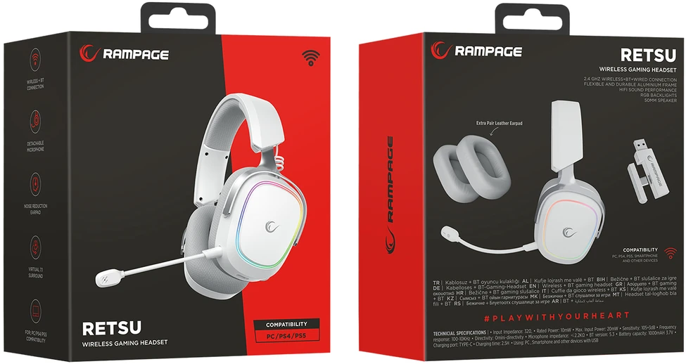 Ausinės su mikrofonu Rampage RETSU Baltos/Pilkos Belaidės 2.4G Bluetooth