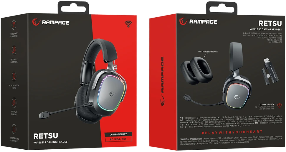Ausinės su mikrofonu Rampage RETSU Juodos/Pilkos Belaidės 2.4G Bluetooth