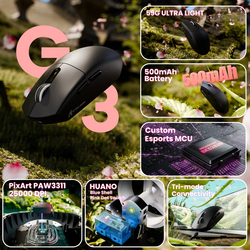 Belaidė žaidimų pelė Attack Shark G3 Pro Juodas
