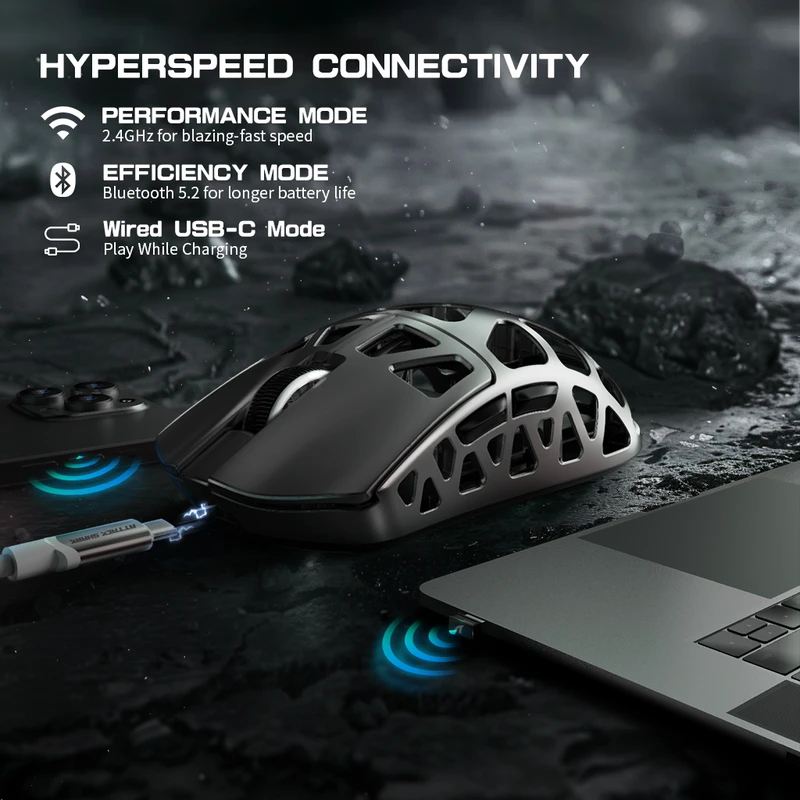Belaidė žaidimų pelė Attack Shark R3 46 g, 8000 Hz, PixArt PAW3395, 26000 DPI, pilka