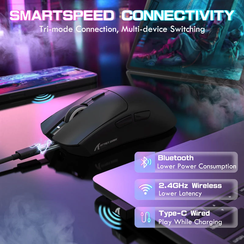 Belaidė žaidimų pelė Attack Shark X1 Juodas PAW3395PRO RGB Docking station