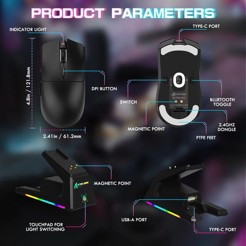 Belaidė žaidimų pelė Attack Shark X1 Juodas PAW3395PRO RGB Docking station