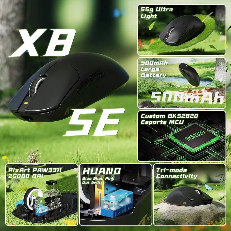 Belaidė žaidimų pelė Attack Shark X8 SE Juodas