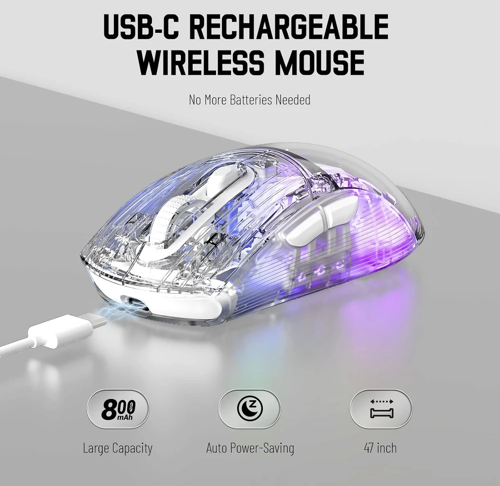 Bevielė žaidimų pelė Attack Shark Pelė X2 Baltas / permatoma Tri-Mode 2.4Ghz/Bluetooth 5.0/USB C PixArt 3212-RGB Backlit-Silen