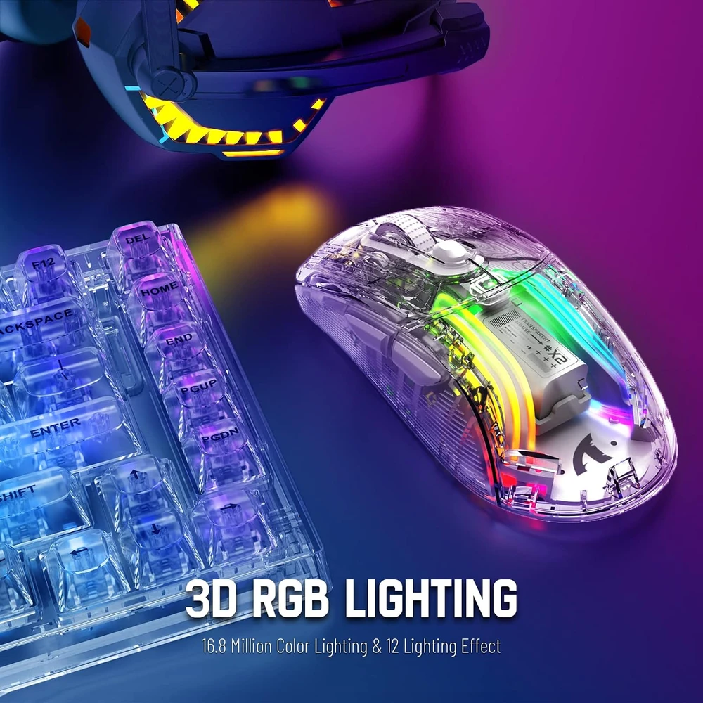 Bevielė žaidimų pelė Attack Shark Pelė X2 Baltas / permatoma Tri-Mode 2.4Ghz/Bluetooth 5.0/USB C PixArt 3212-RGB Backlit-Silen