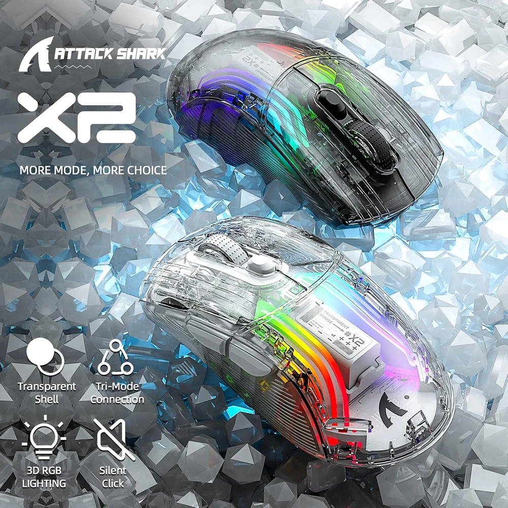 Bevielė žaidimų pelė Attack Shark Pelė X2 Baltas / permatoma Tri-Mode 2.4Ghz/Bluetooth 5.0/USB C PixArt 3212-RGB Backlit-Silen