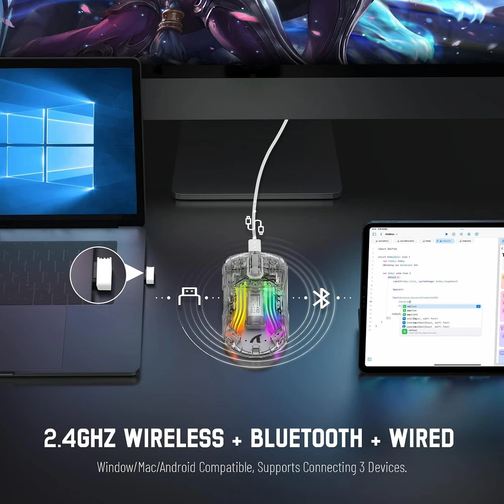 Bevielė žaidimų pelė Attack Shark Pelė X2 Baltas / permatoma Tri-Mode 2.4Ghz/Bluetooth 5.0/USB C PixArt 3212-RGB Backlit-Silen