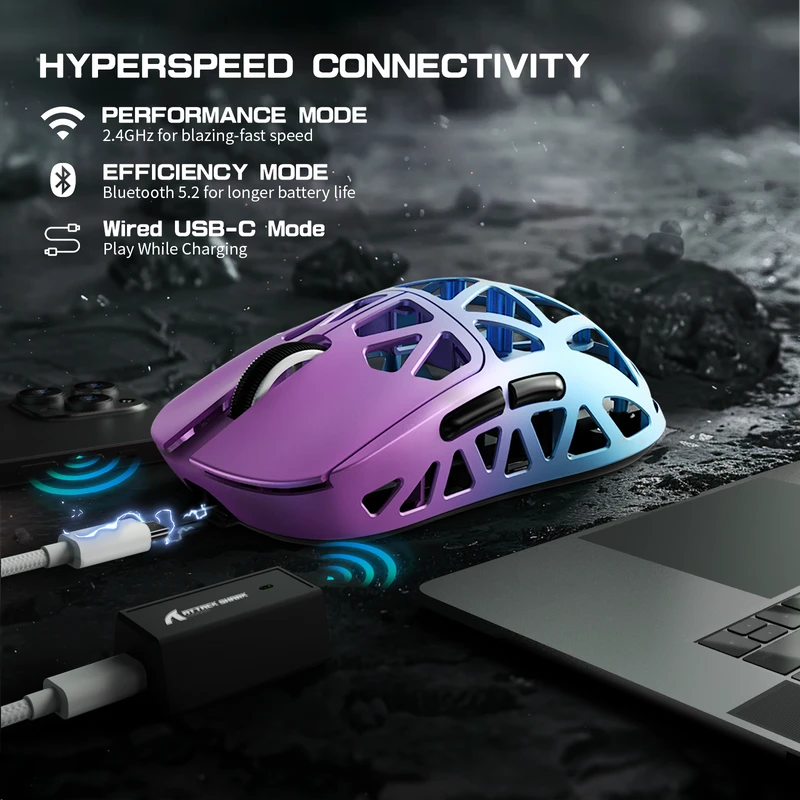 Bevielė žaidimų pelė Attack Shark R2 Violetinė / Mėlyna PAW3950 8000 Hz 42000 DPI 45g
