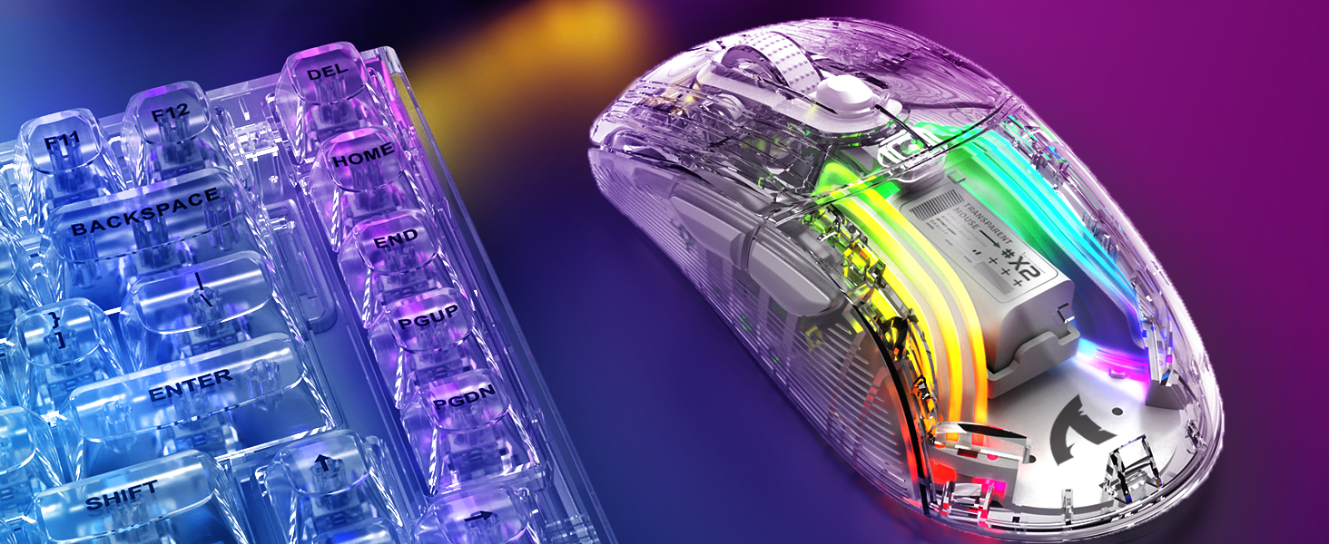 Bevielė žaidimų pelė Attack Shark Pelė X2 Baltas / permatoma Tri-Mode 2.4Ghz/Bluetooth 5.0/USB C PixArt 3212-RGB Backlit-Silen aprašymas - Prekės nuotrauka