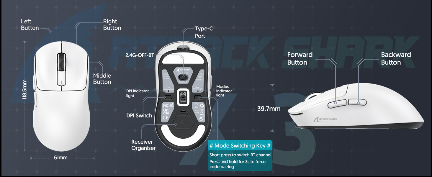 Bevielė žaidimų pelė Attack Shark Pelė X3 Pro Raudona Tri-Mode 2.4Ghz/Bluetooth 5.0/USB C aprašymas - Prekės nuotrauka