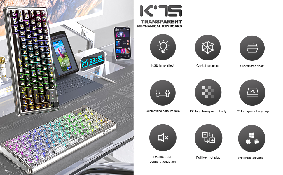Pelė Mechaninė žaidimų kalviatūra Attack Shark K75 75% Juodas Transparent RGB BT5.0/2.4G/USB-C aprašymas - Prekės nuotrauka