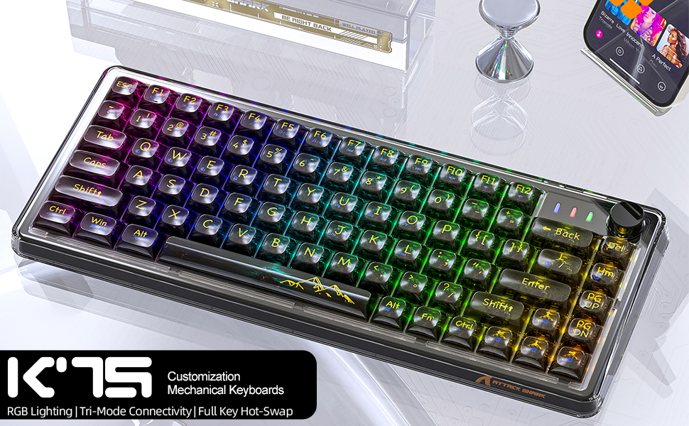 Pelė Mechaninė žaidimų kalviatūra Attack Shark K75 75% Juodas Transparent RGB BT5.0/2.4G/USB-C aprašymas - Prekės nuotrauka