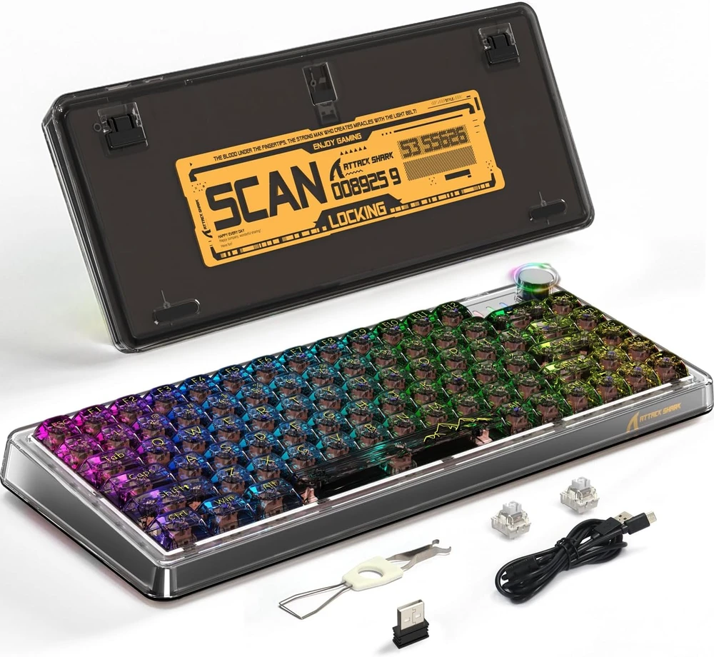Pelė Mechaninė žaidimų kalviatūra Attack Shark K75 75% Juodas Transparent RGB BT5.0/2.4G/USB-C