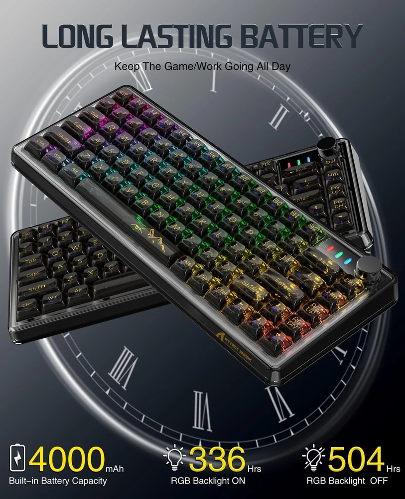 Pelė Mechaninė žaidimų kalviatūra Attack Shark K75 75% Juodas Transparent RGB BT5.0/2.4G/USB-C