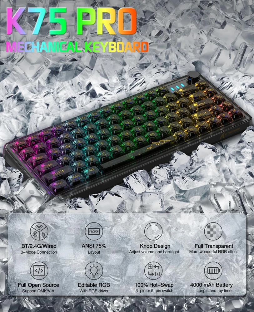 Pelė Mechaninė žaidimų kalviatūra Attack Shark K75 75% Juodas Transparent RGB BT5.0/2.4G/USB-C