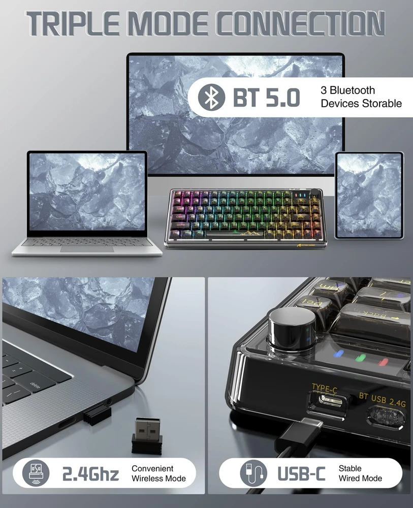 Pelė Mechaninė žaidimų kalviatūra Attack Shark K75 75% Juodas Transparent RGB BT5.0/2.4G/USB-C