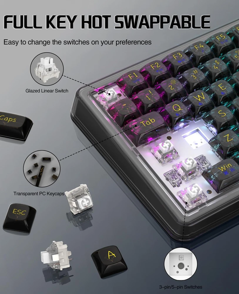 Pelė Mechaninė žaidimų kalviatūra Attack Shark K75 75% Juodas Transparent RGB BT5.0/2.4G/USB-C
