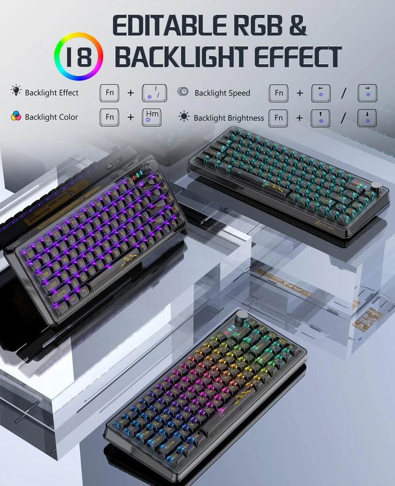 Pelė Mechaninė žaidimų kalviatūra Attack Shark K75 75% Juodas Transparent RGB BT5.0/2.4G/USB-C