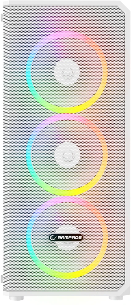 Kompiuterio korpusas Rampage HELIOS Mesh su 650W 80Plus Bronze maitinimo šaltiniu. 4x12cm Rainbow ventiliatoriais. ATX Mid-T. Baltas