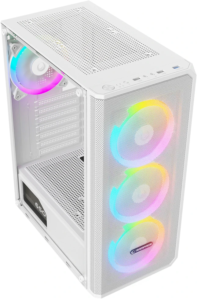 Kompiuterio korpusas Rampage HELIOS Mesh su 650W 80Plus Bronze maitinimo šaltiniu. 4x12cm Rainbow ventiliatoriais. ATX Mid-T. Baltas