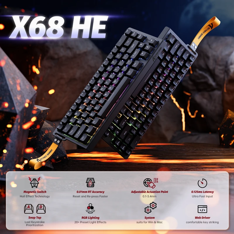 Magnetinė laidinė žaidimų klaviatūra Attack Shark X68 HE Juodas / Juoda. laidinė. RGB pašvietimas. 66 mygtukai