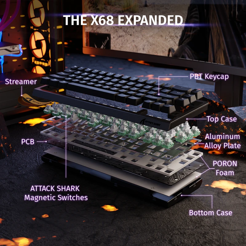 Magnetinė laidinė žaidimų klaviatūra Attack Shark X68 HE Juodas / Juoda. laidinė. RGB pašvietimas. 66 mygtukai
