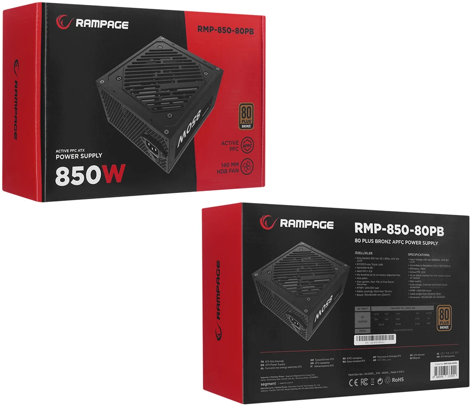 Matinimo šaltinis RAMPAGE RMP-850-80PB 850W 80 Plus Bronze APFC 14cm Fan. juodas